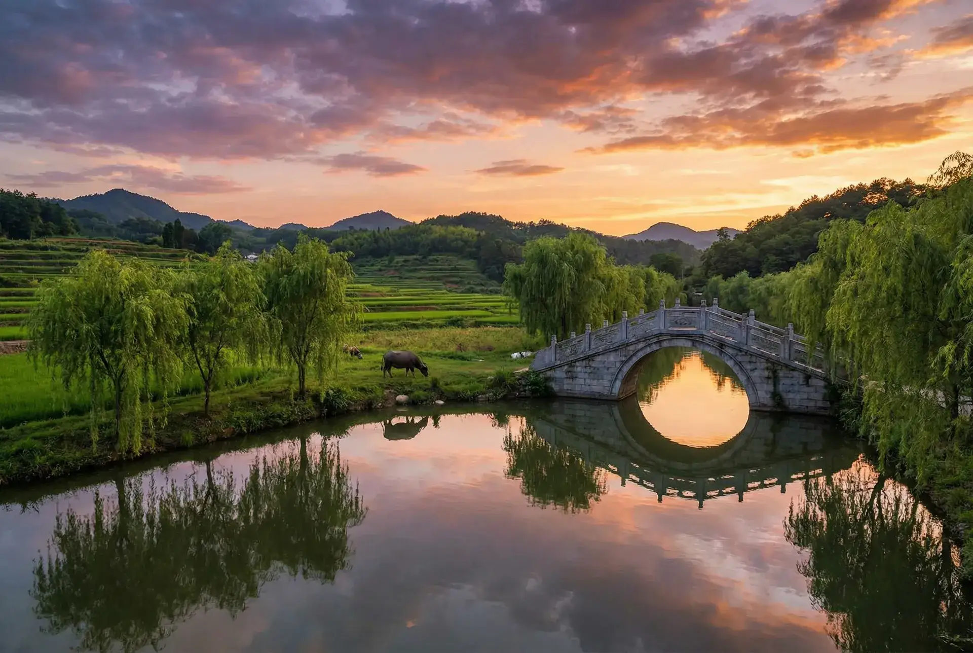夕阳下的石拱桥与垂柳，水牛在河边吃草 - 国色天香直播在线观看 乡村美景